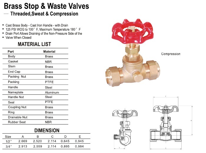 Brass Compression Stop Valve with Drain Waste