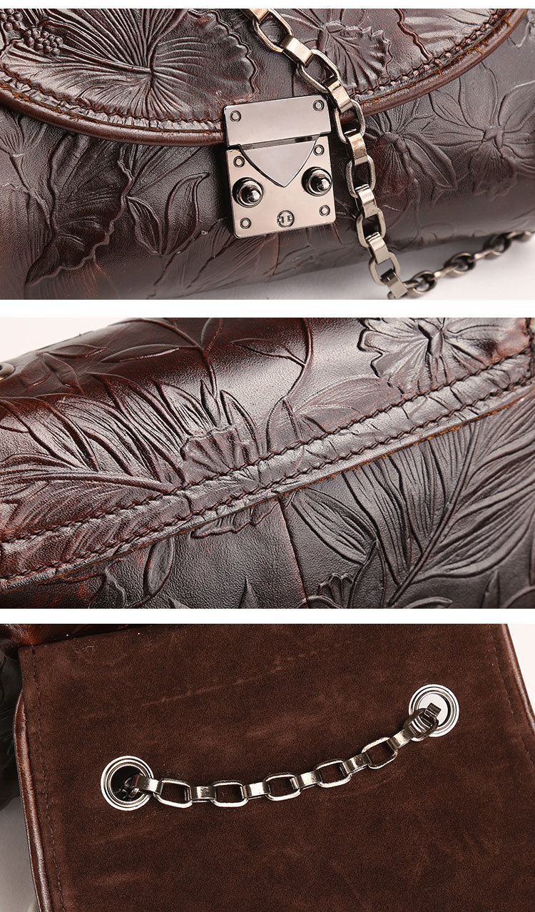 China Factory Cheap Price Embossed Flowers Pattern Brown Leather Sling Bag for Women