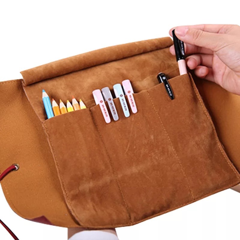 Office Stationery Supplies PU Leather Pen Holder Cosmetic Bag Retro Pencil Bag