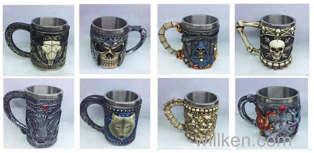 Halloween Skull Cup Mug for Coffee Beer Wine, Stainless Steel and Resin