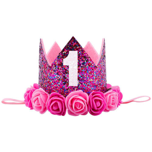 Kids Baby 1st Birthday Hat Glitter Crown Flower Head Hair Band Party Headwear