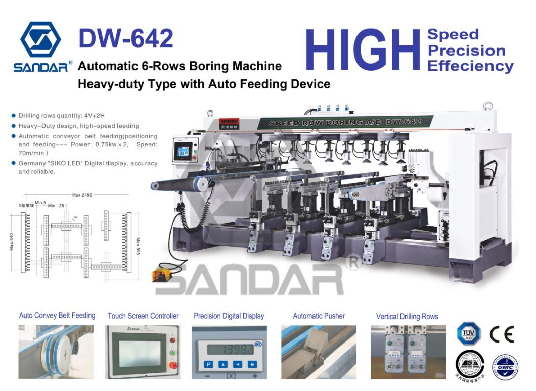 Heavy Duty Automatic Woodworking 6-Rows Boring Machine with Auto-Feeding