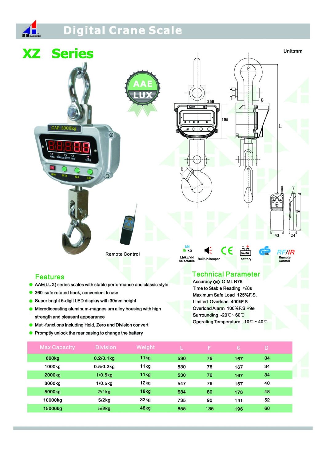 Electronic Crane Scale Hanging Scale Rotaed Hook Green Display1000kg