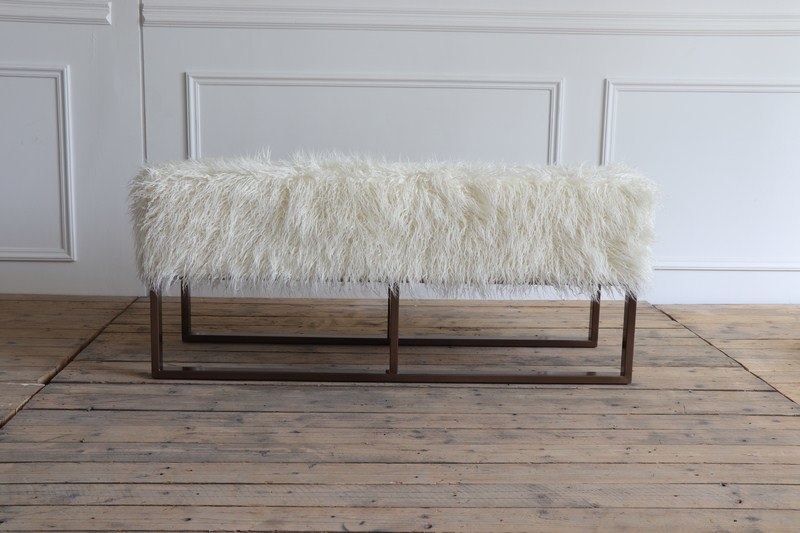 Plating Copper Color Stainless Steel Base White Color Faux Fur Ottoman Bench