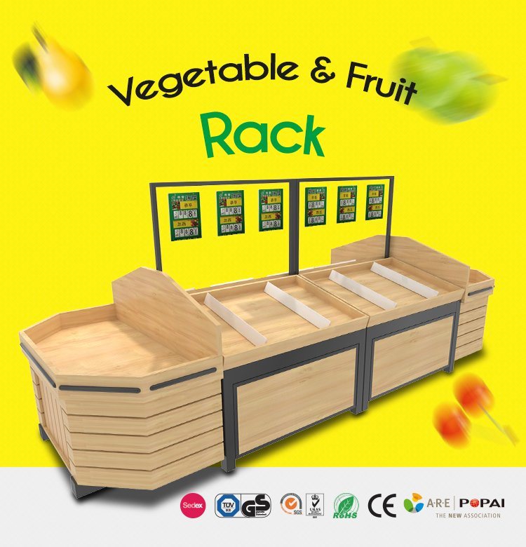 Double Sided Supermarket Water Proof Wooden Vegetable Display Shelf