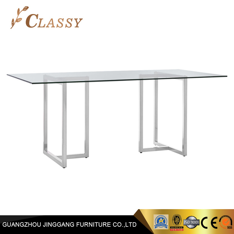 Rectangle Dining Table in Silver Stainless Steel Tempering Glass Top