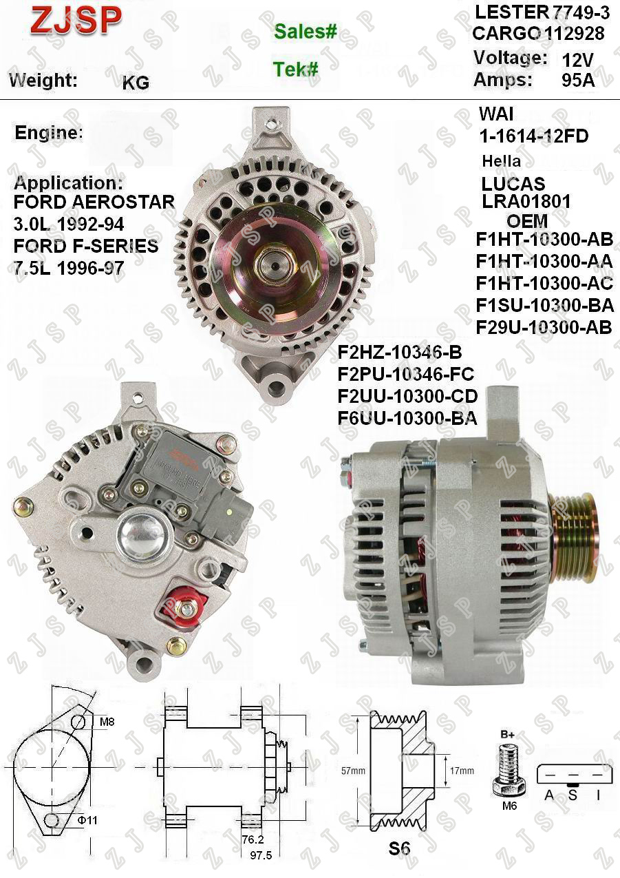 Ford Alternator ZJA-F-007	LRA01801	112928	F1SU-10300-BA F29U-10300-AB F69U-10300-AA	12V/95A	S6	Ford AEROSTAR 3.0L 1992-94Ford F-SERIES 7.5L 1996-97