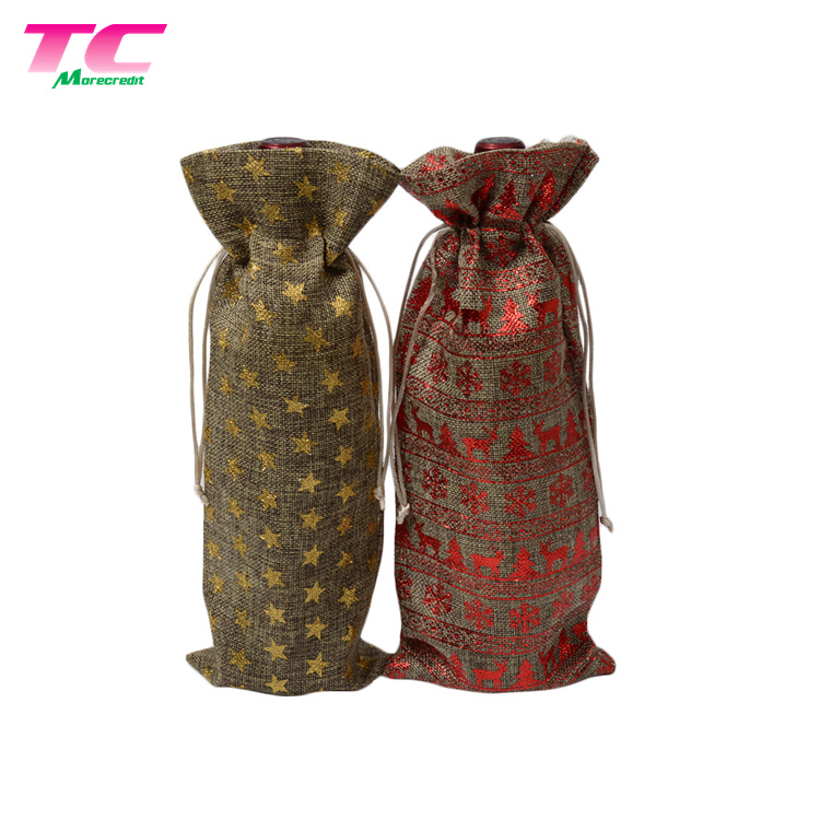 Red Wine Bottle Carry Jute Drawstring Travel Packing Bag