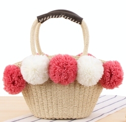 2018 Fashion POM POM Straw Tote Bag, Summer Beach Basket Weave POM POM Straw Bag