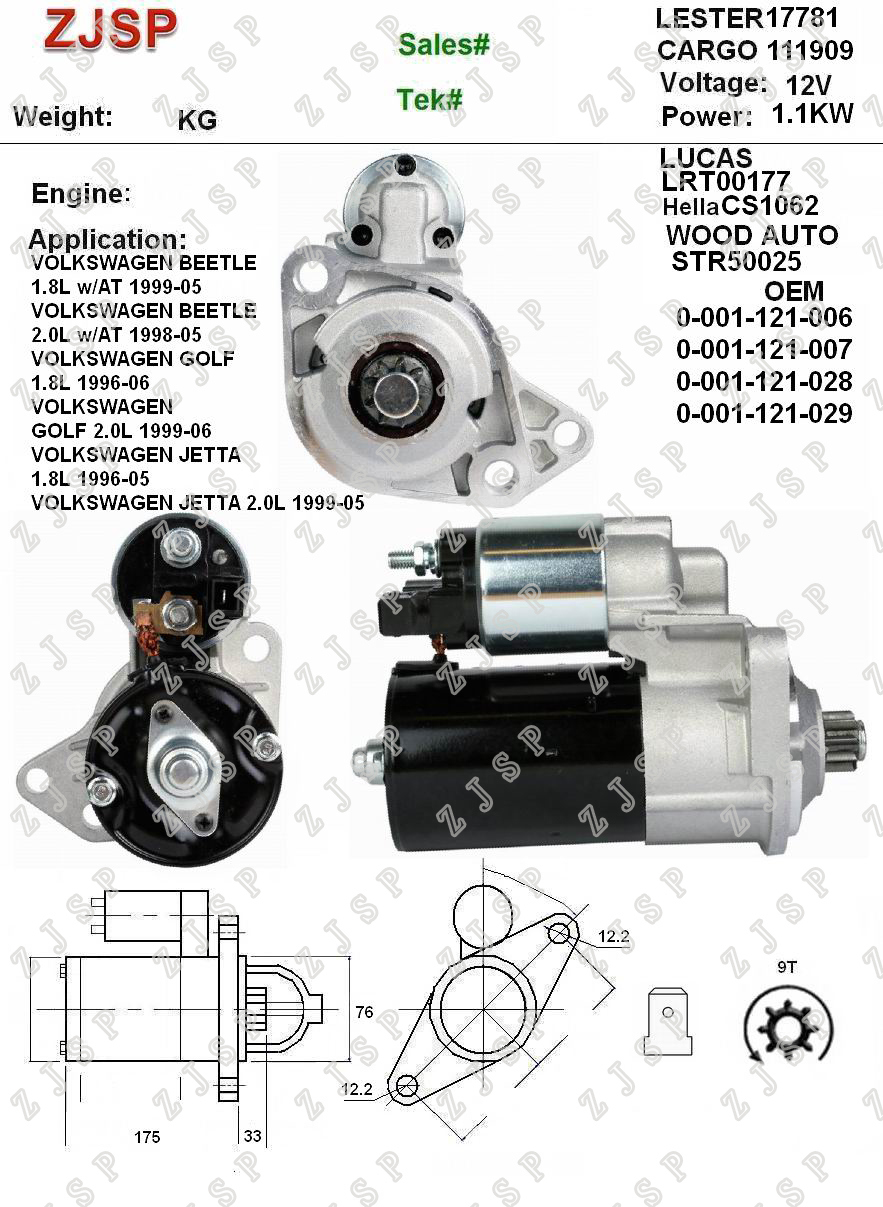 BOSCH Starter ZJS-B-002	CS1062	LRT00177	111909	0-001-121-006 0-001-121-007 0-001-121-028 0-001-121-029	17781	STR50025	12V/1.1KW	9	CCW