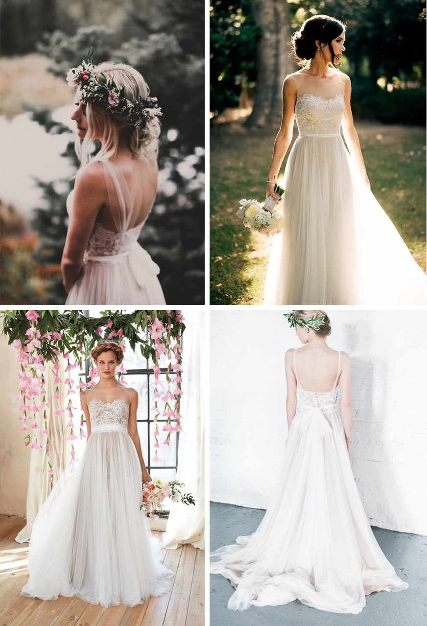 Vintage Sheer Neck Tulle Chiffon A-Line Outdoor Wedding Dress