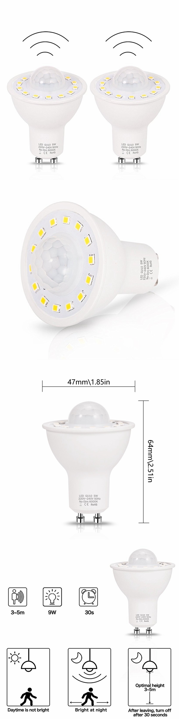 GU10 PIR Motion Sensor LED Light Bulbs 5W 50W Equivalent Day White 6000K LED Senesor Light