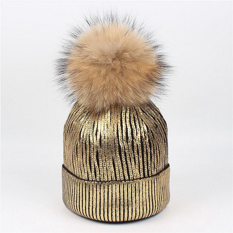 Gold Blocking Bling Beanie Hat Custom Metallic Beanie with Fur POM