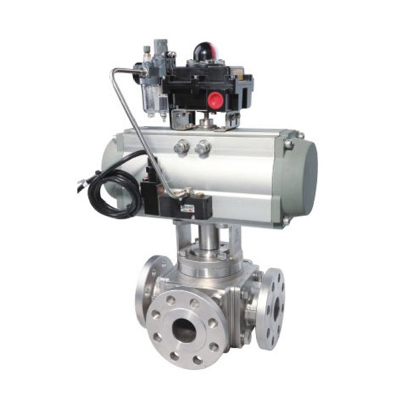 at Pneumatic Actuated Three Way Flanged Stainless Steel Ball Valve