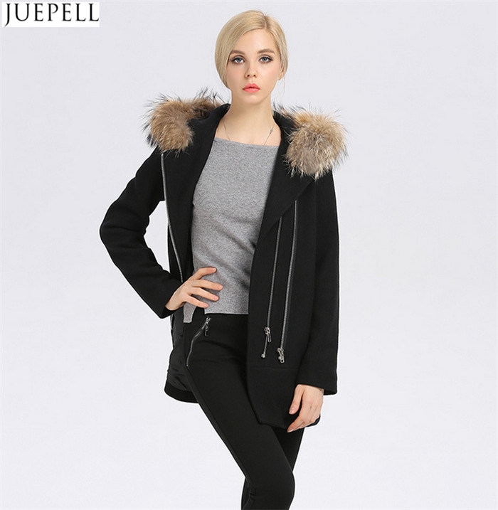 Europe Women Coat New Winter Long Women's Wool Hooded Fur Collar Fur Women Coat