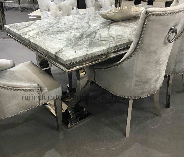 Modern Solid Ari Grey Marble Arianna Dining Table and Grey Silver Velvet Crushed Fabric Chair with Stainless Steel Legs