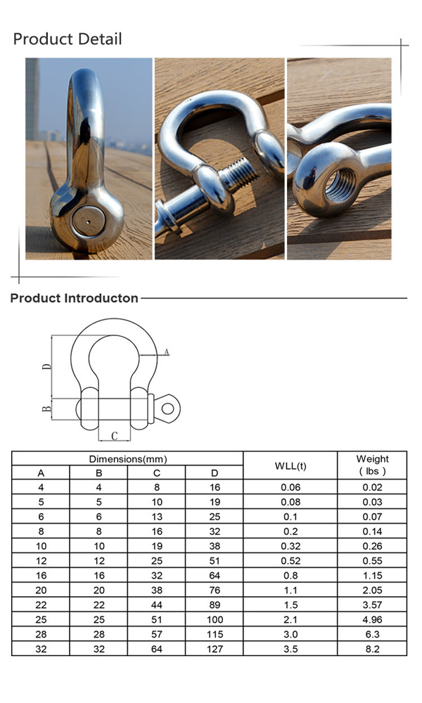 Marine Hardware Rigging SS316 Stainless Steel Bow Shackle