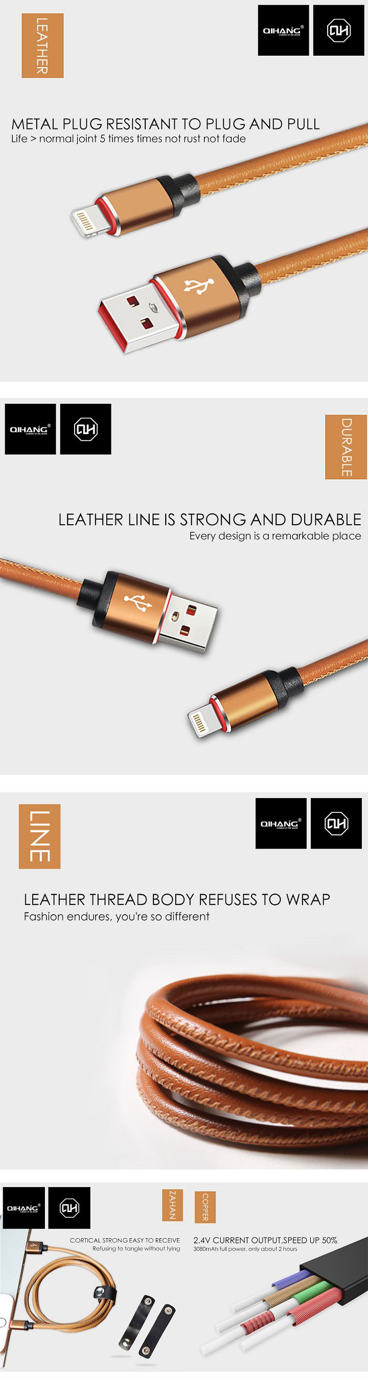 2.4A Leather Metal Plug Fast Type-C USB Cable and Data Sync Cable for S9