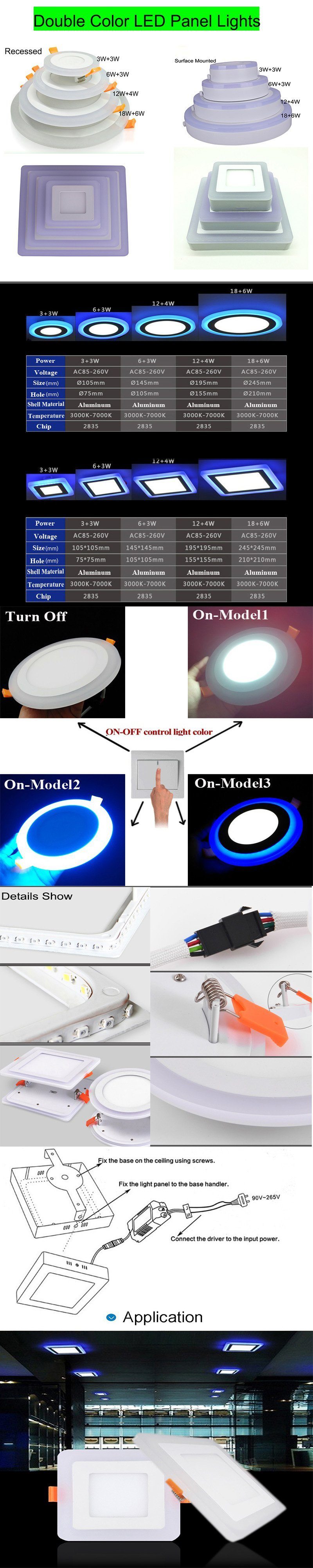 Round or Square Double Color Recessed (12+6) W LED Light Panel
