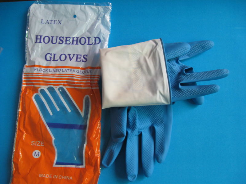 Blue Color Sprayed Flocked Line Latex Household Gloves