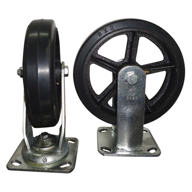 250mm Solid Wheel Caster with Moldon Rubber Cast Iron Center Wheels