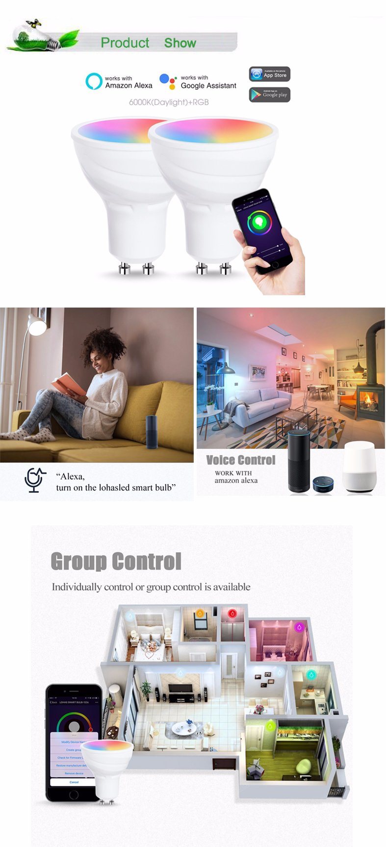 WiFi Smart Light Bulb Work with Google Home/Alexa GU10 5W LED Spotlight