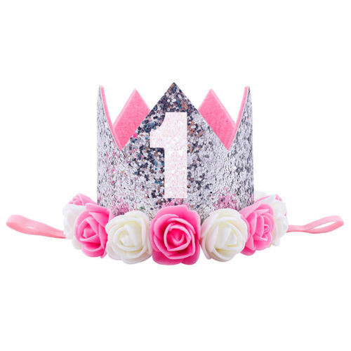 Kids Baby 1st Birthday Hat Glitter Crown Flower Head Hair Band Party Headwear