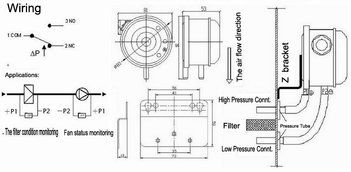 IP54 Protection Low Air Differential Pressure Switch for Air Compressor