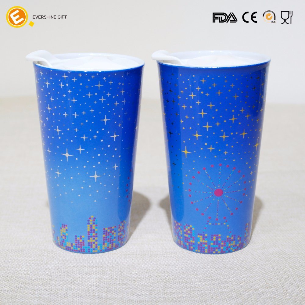 Double Wall Gradual Change Color Ceramic Coffee Travel Mug