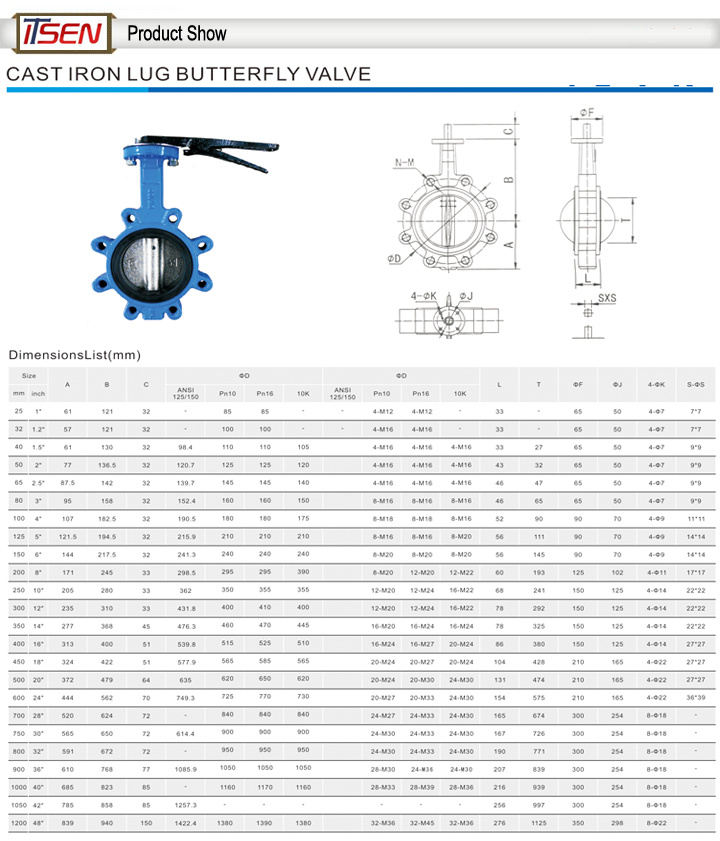 Cast Iron / Ductile Iron Lugged Type Butterfly Valve in DIN/ANSI/JIS Standard