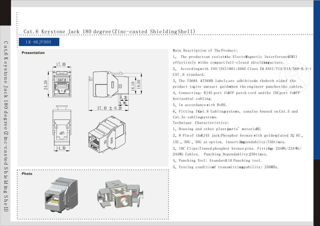 Best Price Cat 6 FTP Keystone Jack 180 Degree Zinc-Casted Shielding Shell