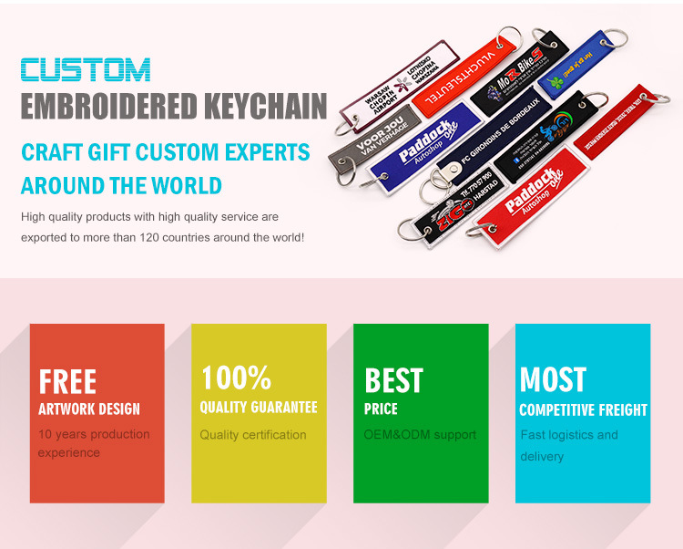 Custom Fashion Embroidery Sublimation Printing Logo Aircraft Woven Keyring Luggage Tags Double Sided Polyester Fabric Textile Twill Remove Embroidered Keychain