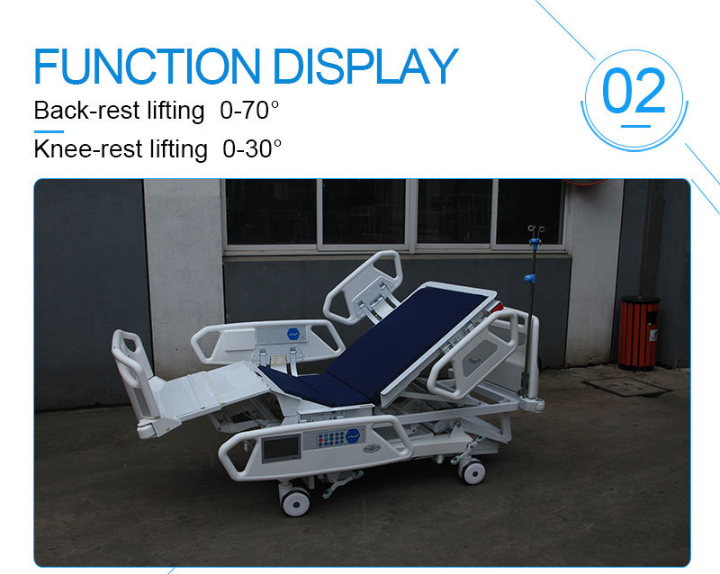Cheap Adjustable 5 Functions Hospital ABS Sick Bed with Overbed Table