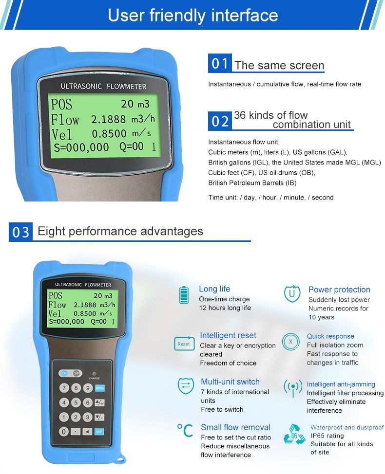 Liquid Fixed Battery Powered Ultrasonic Portable Ultrasonic Flowmeter