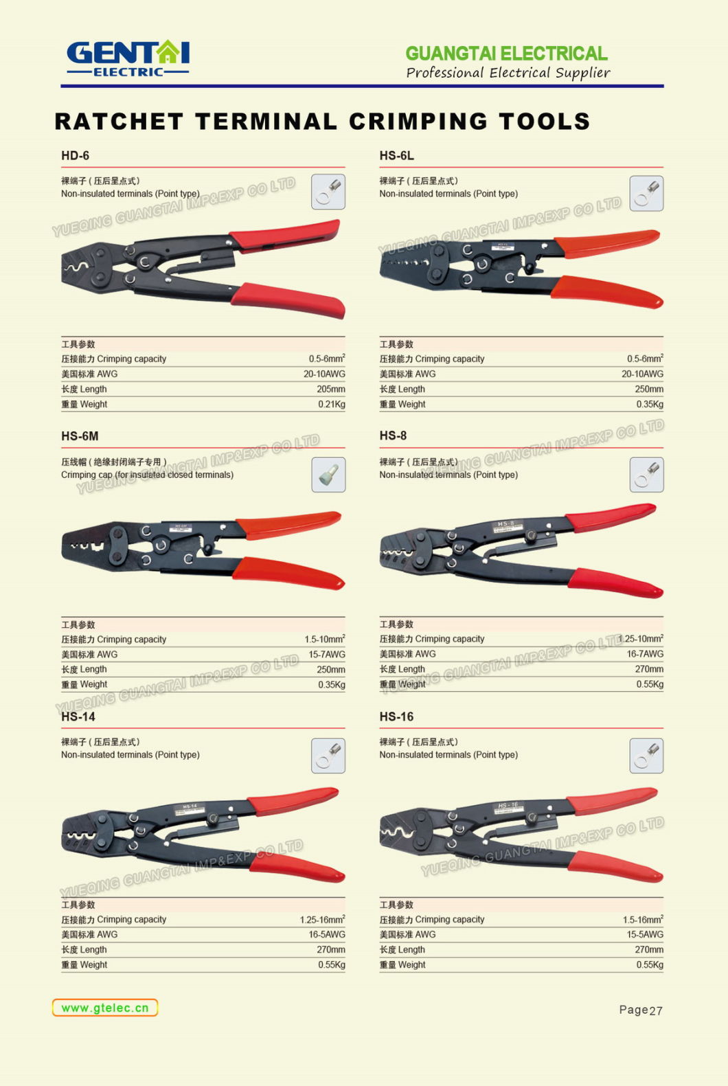 HS-202b Multi-Functional Crimping Plier for Non-Insulated Terminals and Cutting Wires