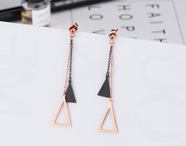 The New Version of The Black Triangle Hollow Ball Hanging Long Earrings Titanium Rose Gold Earrings Korean Female