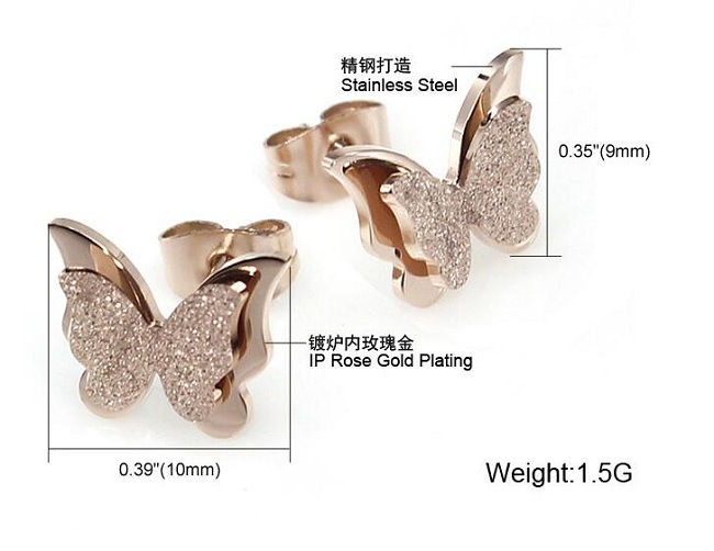 Stainless Steel Earrings for Women Child Rose Gold Color Frosted Double Butterfly Earrings Studs Best Jewelry Gifts