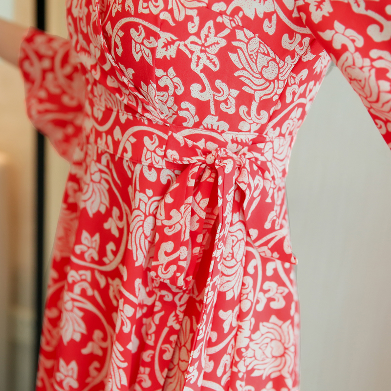 Chiffon Floral Red Temperament Print Women Dress