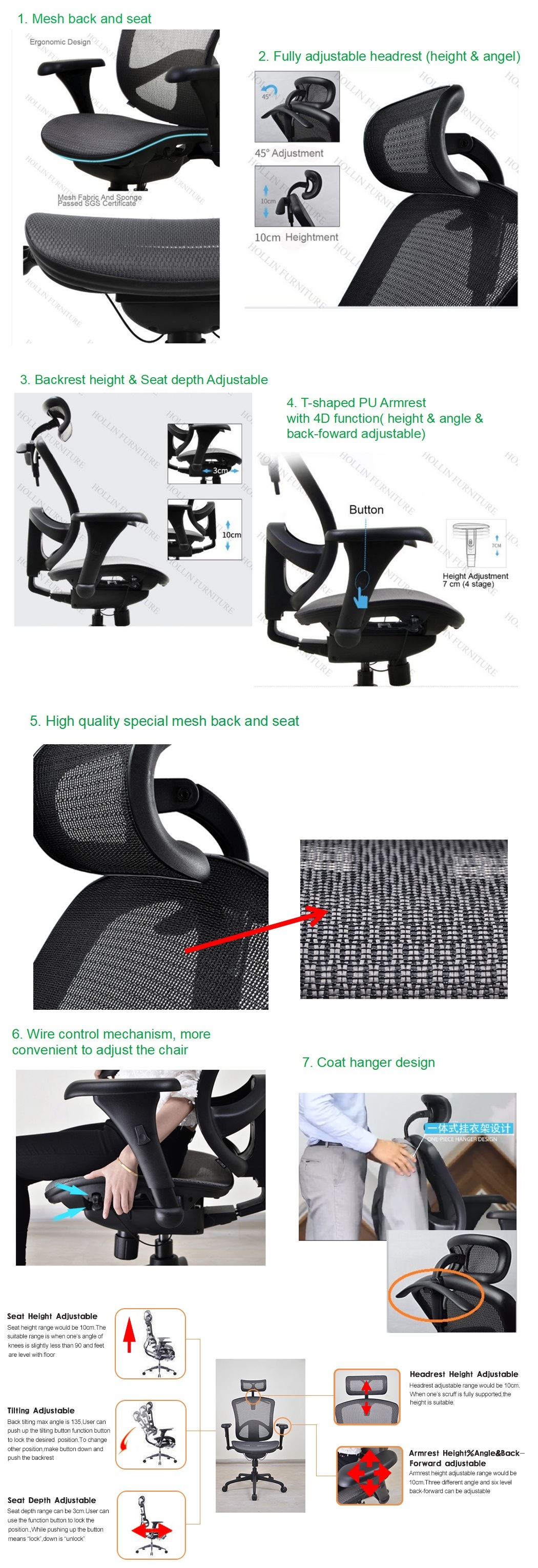 Mesh High/MID Back Adjustable Armrest/Backrest/Headrest Swivel Ergonomic Office Computer Chair