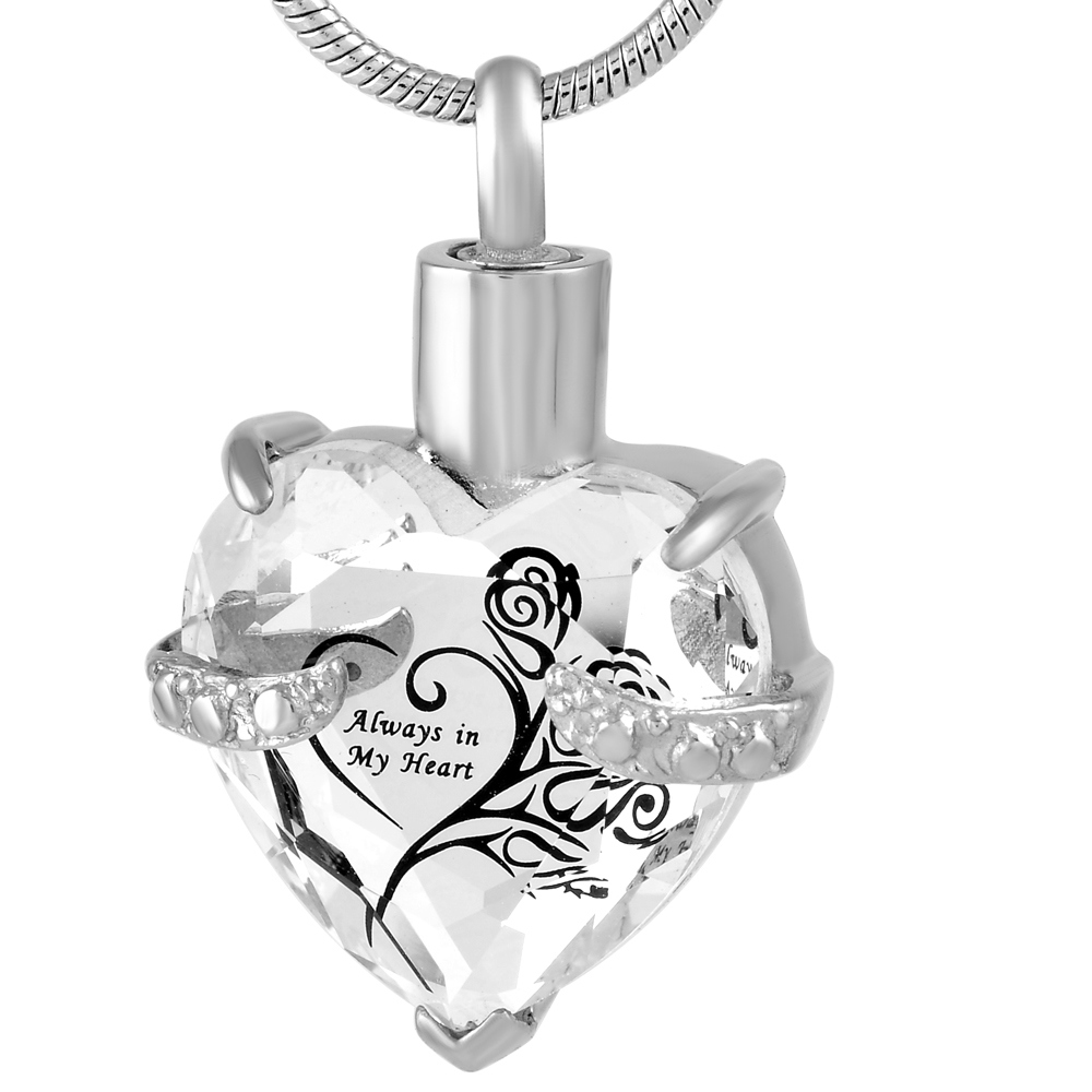 Stainless Steel Pet/Human Memorial Urn Clear Crystal Cremation Pendant Necklace