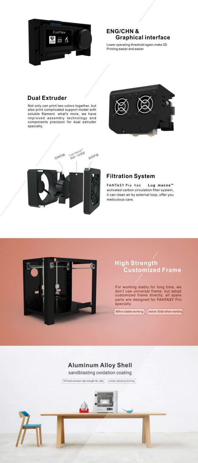 Ecubmaker Dual Head Large Scale 3D Printer with Hotbed and Supporting Multi Material