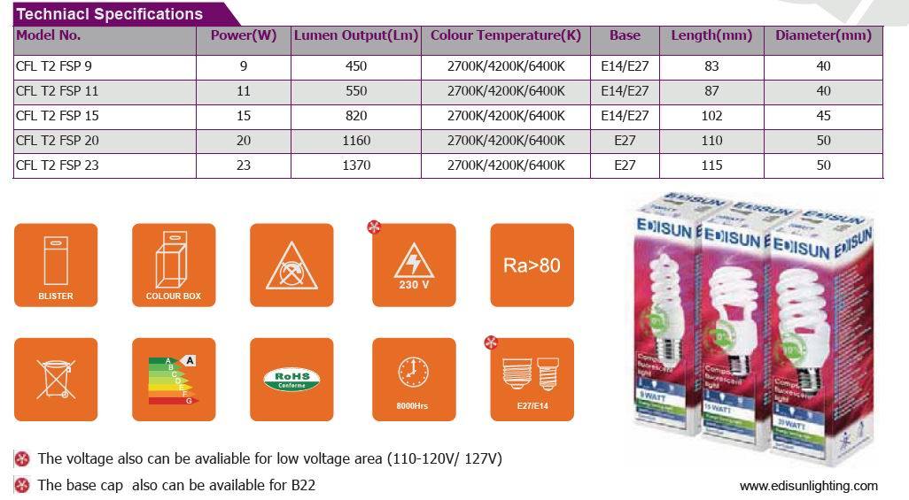 CFL Full Spiral T2 9W 11W 15W E27 Energy Saving Lamps