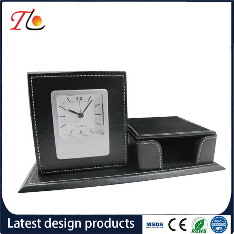 PU Desktop Organizer Pen Holder Office Stationery with Alarm Clock