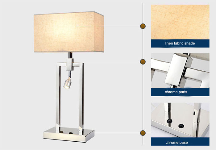 Very Fashion & Modern Metal LED Desk Table Lamp Light with Fabric Shade for Bedroom, Finished in Chrome