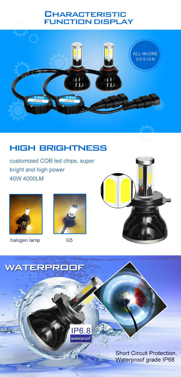 Auto High Power Car Motorcycle G5 LED Headlight Bulbs Kit H7 H1 H3 H11 H13 9007 9004 9005 9006 H4 Car Headlight LED H7