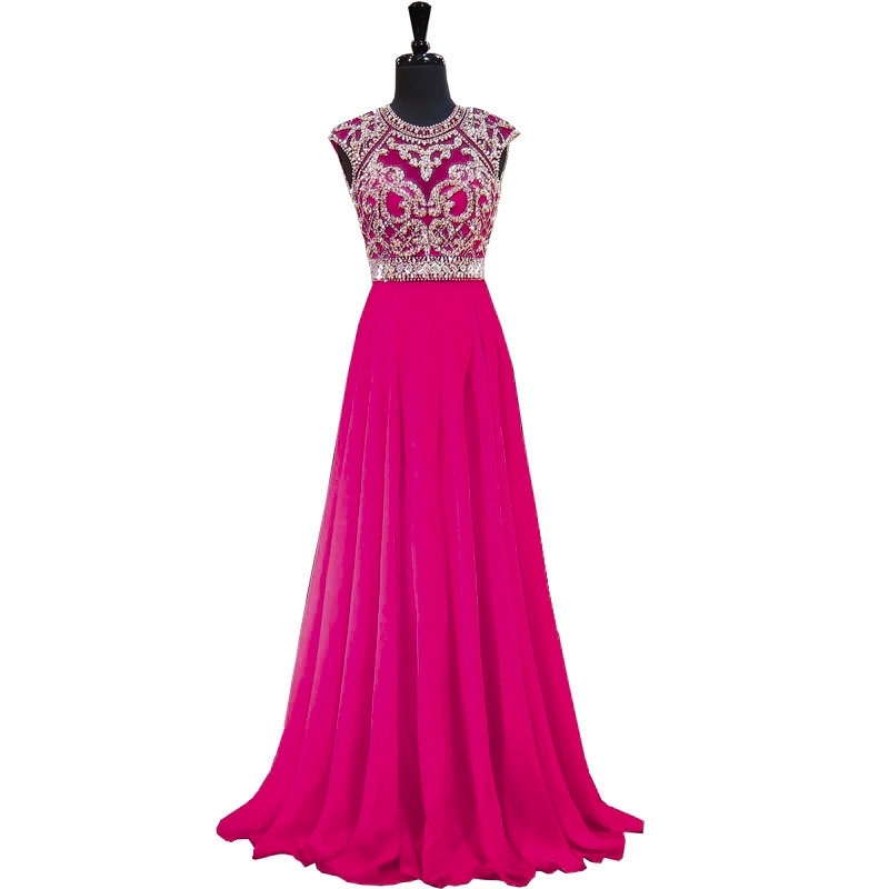 Fuchsia Prom Party Gowns Beaded Evening Hollow Back Chiffon Evening Cocktail Dresses Y1033