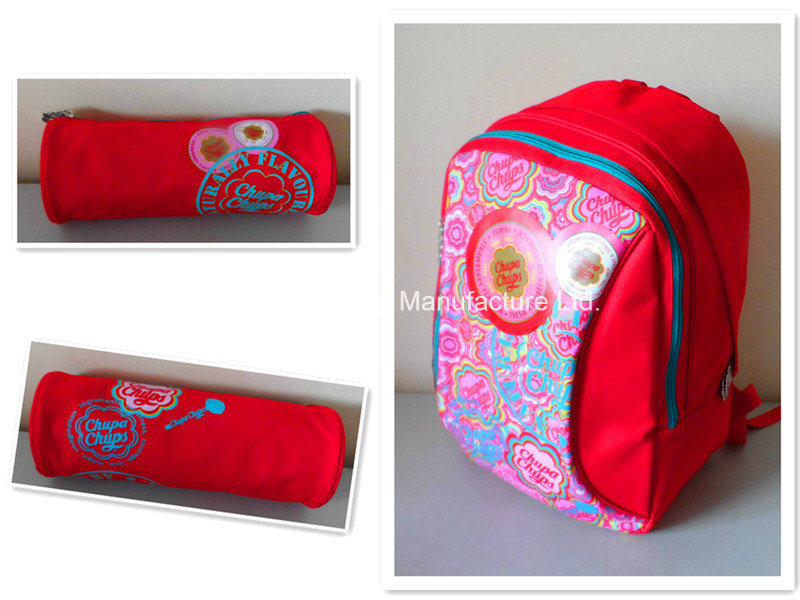 Red Polyester Girls Student Stationery School Backpack with Pencil Bag