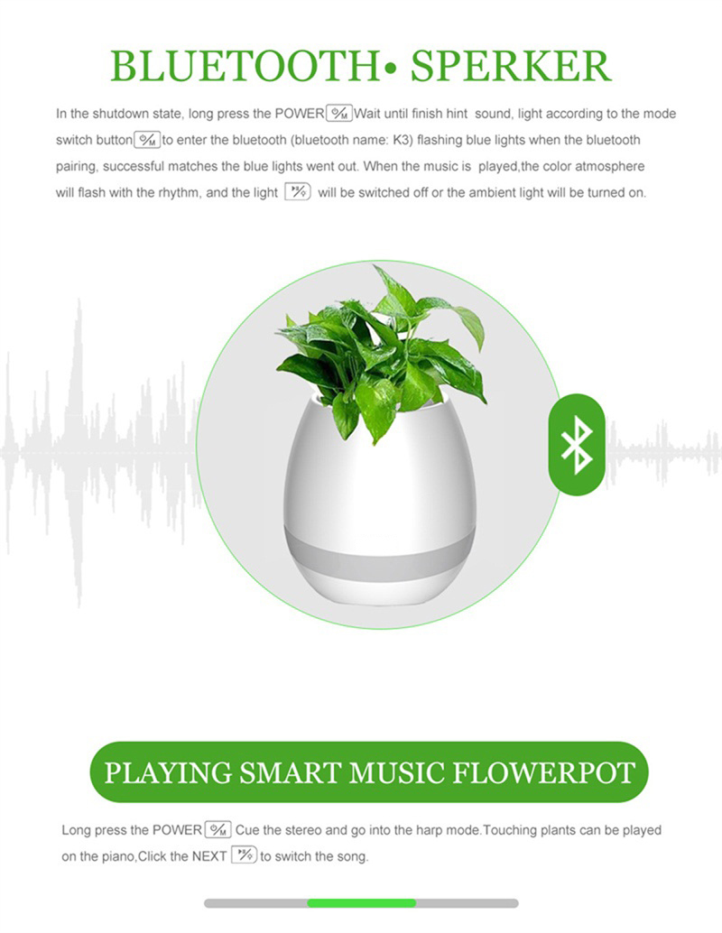 Watermark Pattern Smart LED Bluetooth Speaker Music Flower Pot for Home Office Decoration