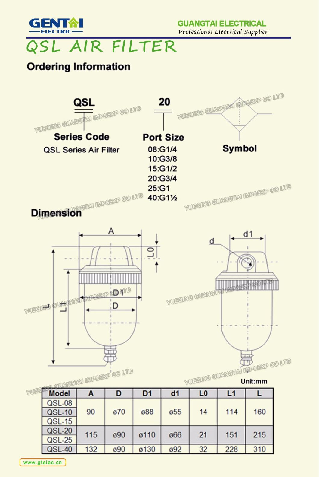 Qsl Pneumatic Air Filter Air Source Treatment Unit