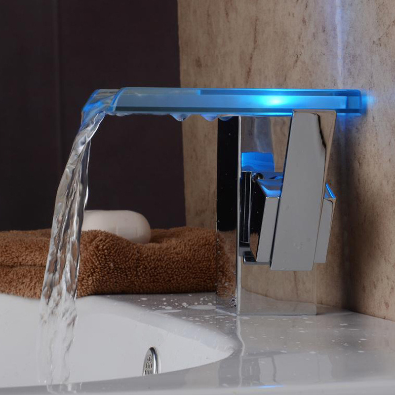 Ningjie Self-Power 3 Color LED Waterfall Brass Basin Water Faucet